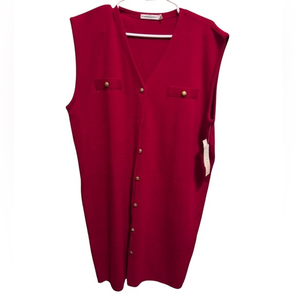 Karen Lessly Vintage Red Sleeveless V-Neck Gold Buttons Sweater Dress Plus Sz 2X - Picture 1 of 14